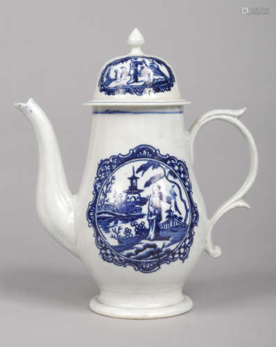 A Liverpool Seth Pennington coffee pot and cover with double scrolling handle. Printed in underglaze
