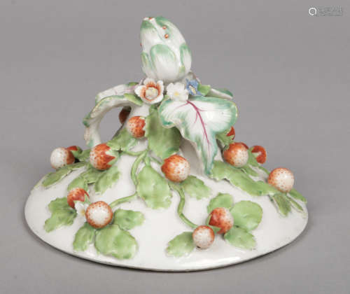 A large Derby urn cover. With bud and leaf moulded finial, applied with strawberries, flowers,