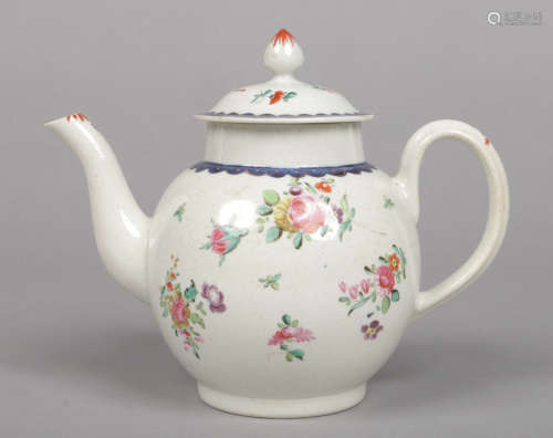 A Liverpool Philip Christian globular teapot and cover. With blue and gilt border and painted in