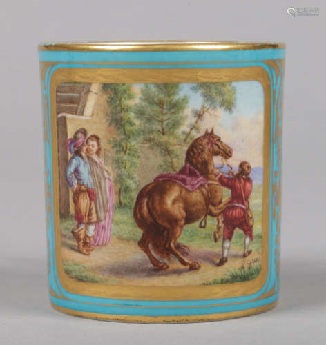 A 19th century Sevres coffee can (gobolet litron) blue celeste ground and with tooled gilding.