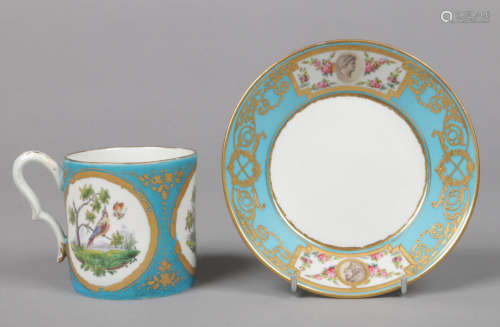 A 19th century Sevres coffee can and a saucer (gobolet 'litron' et soucoupe). With blue celeste