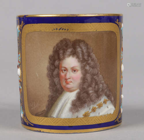 A 19th century Sevres coffee can (gobolet 'litron'). Ground in gros bleu, with a jeweled and