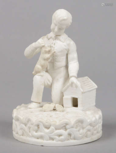 An early 19th century Derby biscuit figure. Formed as a young boy by a rabbit hutch with three