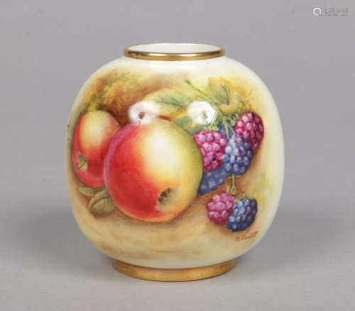 A Royal Worcester squat bud vase by David Bowkett. Painted with a vignette of apples and