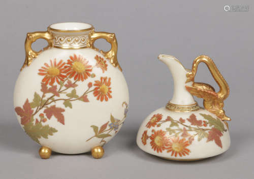 A Royal Worcester twin handled pilgrim flask and similar dragon handled ewer. Both ivory ground,