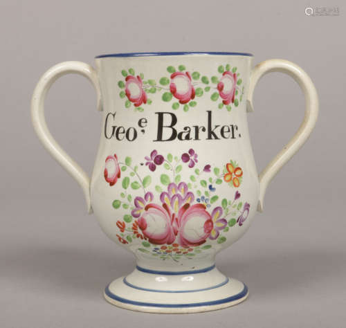 An early 19th century inscribed pearlware loving cup, possibly Leeds. George Barker, painted in