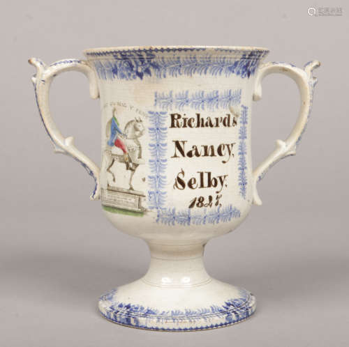 A documentary Yorkshire pottery loving cup with double scrolling handles. Inscribed Richard & Nancy,