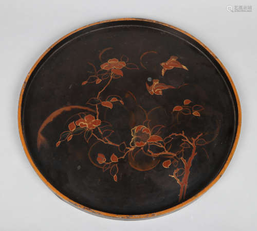 A Japanese export Showa period circular lacquered papier mache serving tray. Black ground and