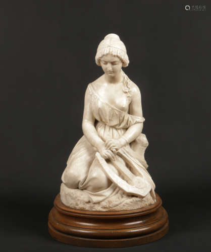 Metello Motelli (Italian fl. 1851-1894) carved marble sculpture. Study of a pensive kneeling