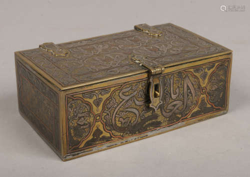 A 19th century Indian bronze casket with silver and copper overlay decoration, 16.25cm wide.