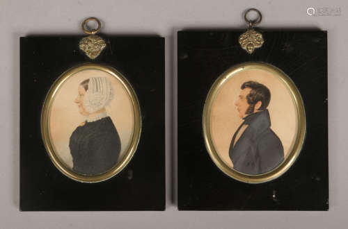 A pair of Regency miniature watercolour portraits of a lady and gent in profile. Condition report
