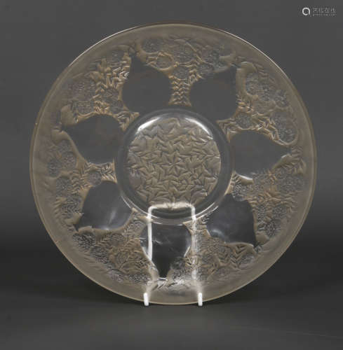 A Rene Lalique Art Deco glass charger. Reverse moulded with the Vases pattern. Moulded R. Lalique