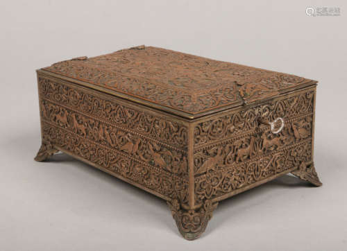 An early 20th century French bronze jewellery casket. Decorated in relief with medieval figures