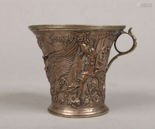 A Victorian silver plated large cup of tapering form with loop handle by Elkington & Co. Decorated