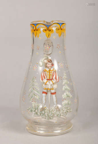 A bohemian glass jug of baluster form and with strap handle. Enamelled with a swrodsman in a