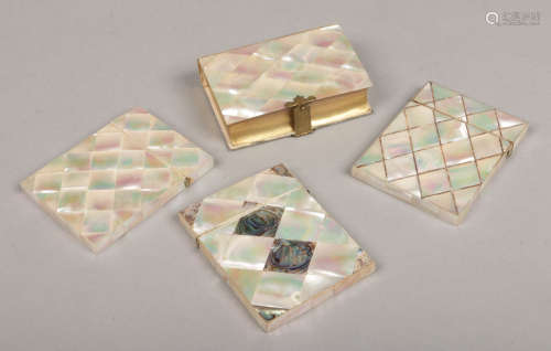 Three Victorian parquetry inlaid mother of pearl card cases, two with abalone shell inlay along with