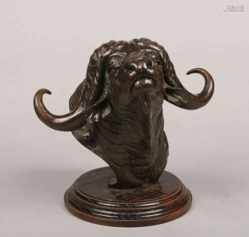David Schaefer (1949-2012) a zoomorphic patinated bronze bust, study of a water buffalo supported on