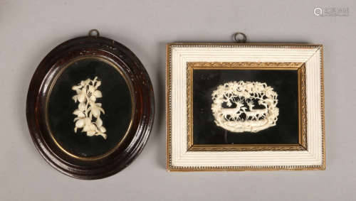 Two 19th century Continental miniature ivory carvings in frames. One depicting a family of deer in a