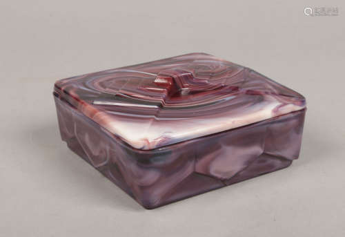 A Dutch Art Deco Leerdam marbleized amethyst glass bonbonniere of square form designed by Andries