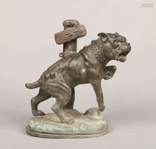 After Pierre Jules Mene (1810-1879) a bronze sculpture of a bulldog tied to a post and raised on a