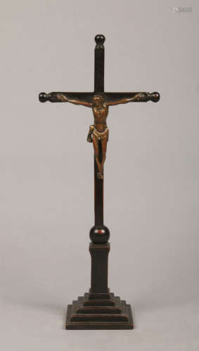 A 16th century bronze and wood Corpus Christi, possibly German. The outstretched figure with