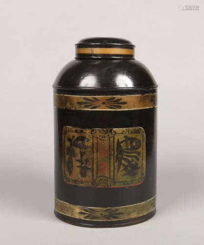 An early Victorian Japanned tin tea canister and cover, 39.5cm.Condition report intended as a