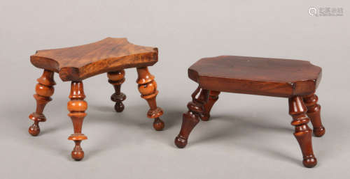 Two carved and turned yew wood lace makers lamp stools raised on splay supports, largest 14.75cm