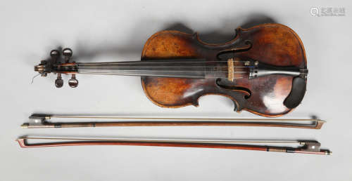 A cased German violin and two bows, 35.5cm.