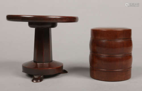 A Victorian apprentice mahogany centre pedestal table and a treen cylindrical box and cover. Table