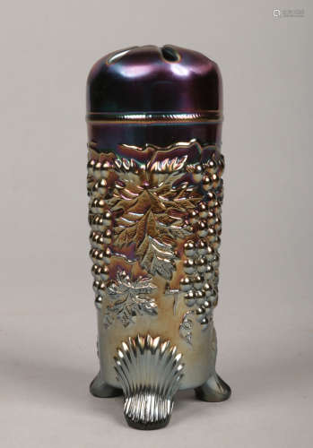 A Northwood USA carnival glass hat pin jar with moulded grape and cable design c.1910, 16.5cm.