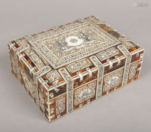 A 19th century Anglo Indian ivory and tortoiseshell mounted table box. With penwork decoration of