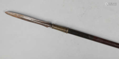 An African spear with bronze collar, 164cm.