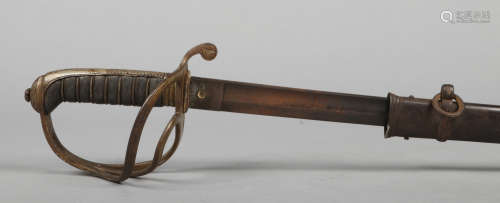 A Victorian artillery officers sword in metal scabbard. With three bar hilt, shagreen grip and