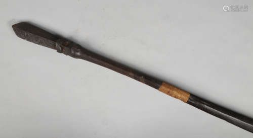 Pacific Islands - a carved hardwood paddle / spear. With carved pommel having Mauri style scrolls,