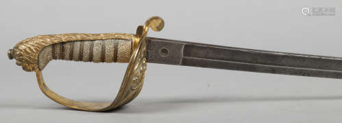A Royal Navy Officers dress sword. With etched fullered blade bearing proof mark and signed
