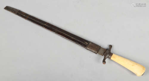 A 19th century German hunting sword in leather scabbard and with carved ivory grip, 57cm.Condition