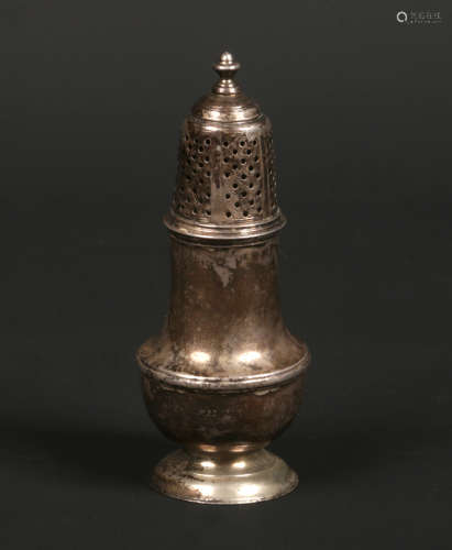 A George II silver sugar caster of plain baluster form by Samuel wood. Assayed London 1748, 67