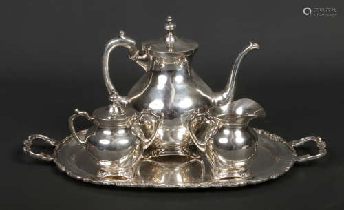 A Continental sterling silver coffee set on twin handled serving tray. Comprising coffee pot, milk