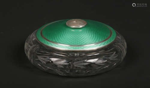 An Art Deco glass powder bowl with silver and guilloche enamel mount and cover by Albert Carter.