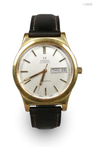 A gentleman's gold plated Omega automatic wristwatch with centre seconds and having quick set day/