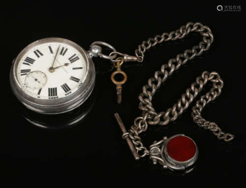 A Victorian silver fusee pocket watch by J. Harris & Sons. With silver single Albert chain having