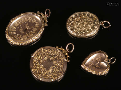 Four Victorian gold fronted lockets with engraved decoration.