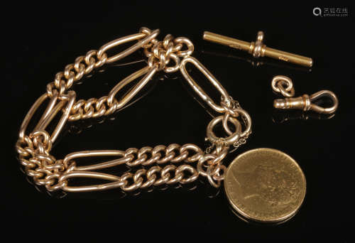 A Victorian 18 carat gold Albert pocket watch chain converted to a bracelet and mounted with a
