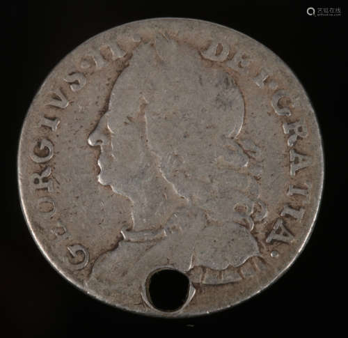 A George II silver six pence, 1758. Inscribed J. B. Born June 3 1788.Condition report intended as
