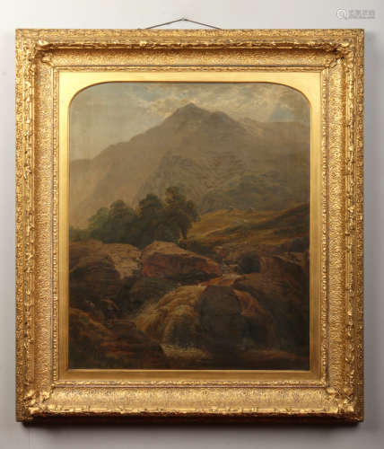 Charles Edward Johnson (1832-1913) gilt framed oil on canvas. Highland landscape with a waterfall