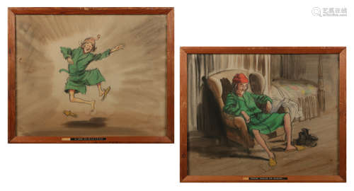 John Worsley (1919-2000) pair of framed watercolour illustrations, Charles Dickens A Christmas