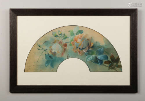 A framed French watercolour on silk, design for a fan. Depicting a rose and dragonfly. Signed L. De.