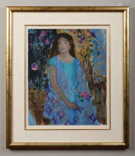Quan Sun, framed limited edition lithograph print titled Pink Rose, portrait of a maiden. Signed,