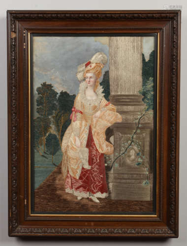 After Thomas Gainsborough, a 19th century framed needlework portrait of a lady in a garden landscape