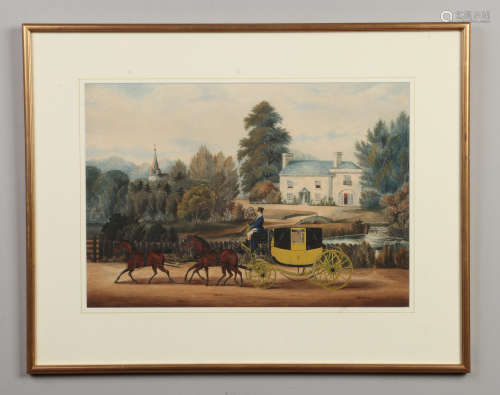 An 18th century gilt framed watercolour, coaching scene with a country house and church, 28cm x